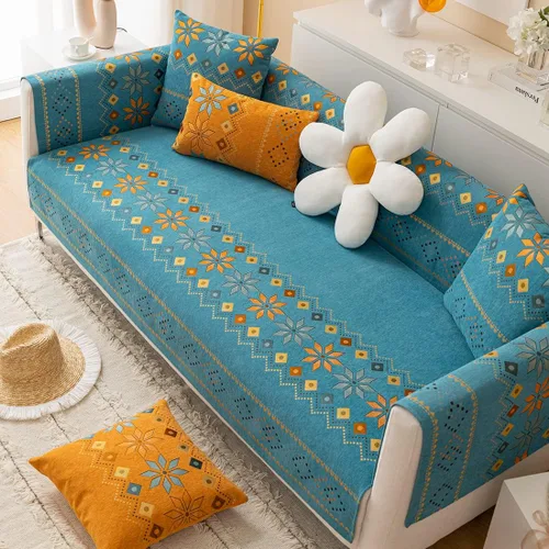 Vista 8 de Funda de sofá de chenilla para sofá modular, diseño geométrico bohemio y jacquard antideslizante, protector de muebles para niños, perros y Azul