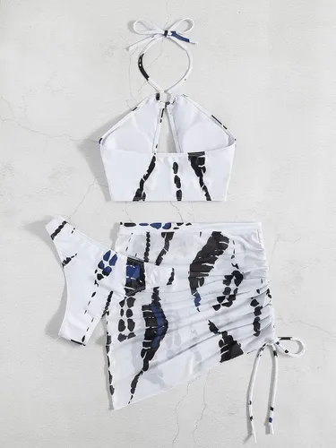 Vista 4 de MakeMeChic Traje de baño de 3 piezas para mujer con corte halter y falda