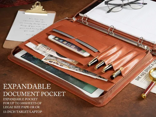 Vista 5 de AZXCG Nombre grabado gratis, Padfolio PU cuero 3 anillos, cartera de negocios con almohadilla de escritura A4, regalo corporativo, marrón