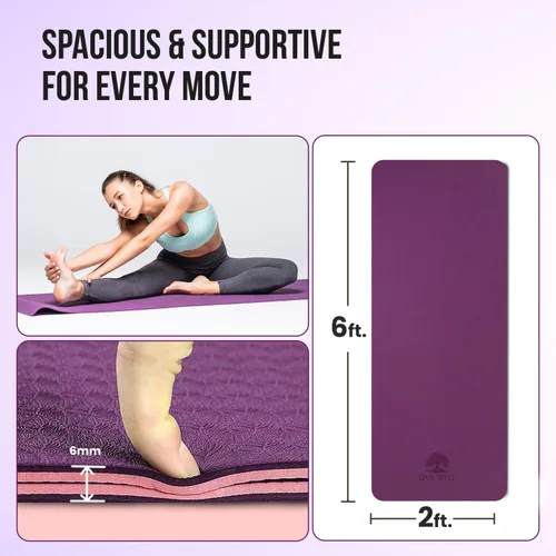 Vista 2 de Live Well - Tapete de yoga TPE para mujer, antideslizante, con correa, extra grueso de 0.236 pulgadas, color rosa, para entrenamiento en casa y uso