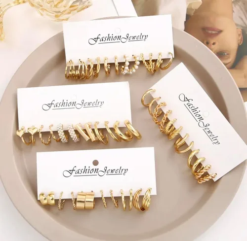 Vista 5 de Juego de 24 pares de aretes de aro dorados para mujeres y niñas, paquete múltiple de aretes de aro trenzados, hipoalergénicos, de cadena gruesa