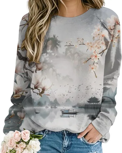 Vista 12 de ZOCANIA Sudaderas para mujer, sin capucha, manga larga, cuello redondo, estampado floral, ajuste holgado