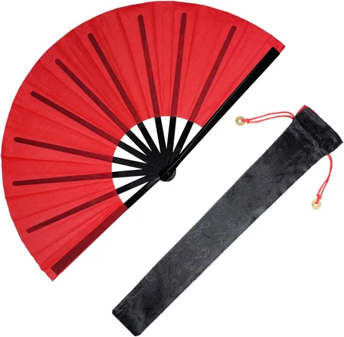 Vista 11 de Nydotd Paquete de 1 abanico grande de mano plegables de nailon plegable con funda de soporte para hombres y mujeres, línea de actuación, danza, kung
