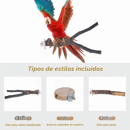 Vista 4 de 8 piezas de perca de pájaro de madera natural para loro, tenedor, juguetes colgantes de múltiples ramas, hamaca de juguete para guacamayos