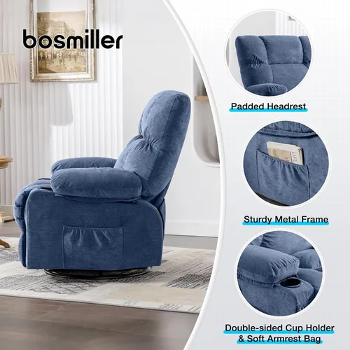 Vista 4 de MAHOMICO Silla reclinable giratoria de gran tamaño con masaje por vibración y calefacción lumbar, giro de 360°, puerto de carga USB, portavasos