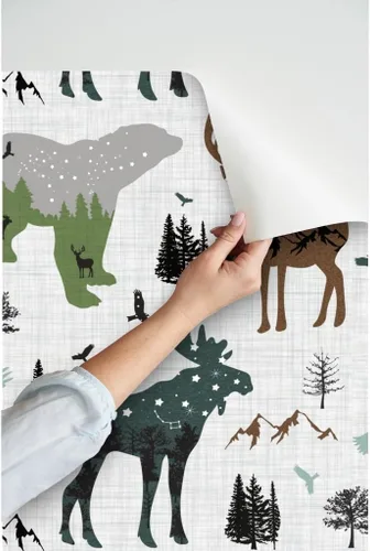 Vista 3 de Spoonflower Papel tapiz para despegar y pegar, diseño de animales del bosque ártico, bosque, montañas de Alaska, aventura, oso, alce, papel tapiz