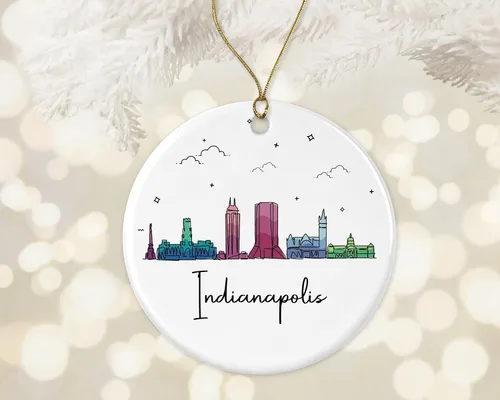 Vista 2 de Adorno de la ciudad de Indianápolis, adorno de Navidad de la ciudad de Indianápolis, adorno de Navidad de puntos de interés, gráfico colorido