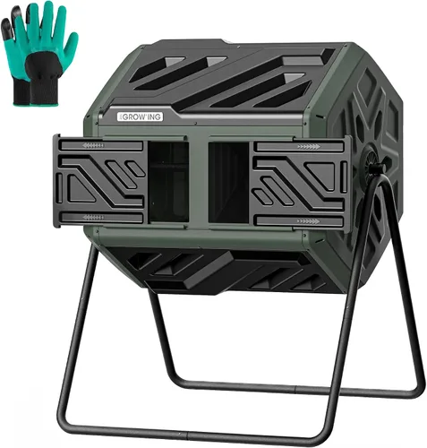Vista 13 de THE GROW'ING Contenedor de compostaje actualizado de 43 galones para exteriores, compostador giratorio de montaje rápido, compostador de doble