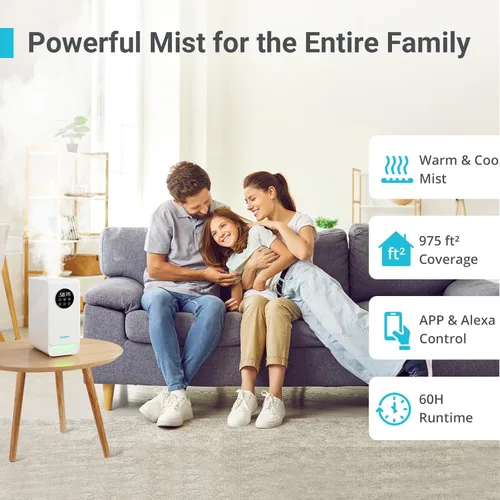 Vista 6 de Livatro - Humidificador inteligente de 6L para habitación grande, niebla cálida y fría con diseño de llenado superior, control por Alexa