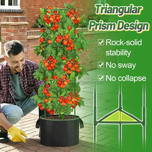 Vista 2 de ANPHSIN Jaula de tomate triangular resistente con bolsas de cultivo móviles de 7 galones, 3 juegos de macetas de enrejado de jardín de 47 pulgadas