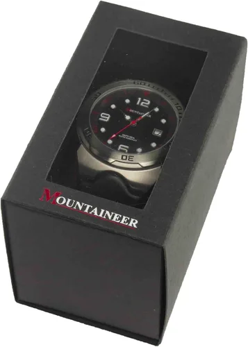 Vista 4 de Mountaineer MN1451 - Reloj deportivo para hombre analógico correa de nailon de cuero negro costuras rojas para hombre Negro