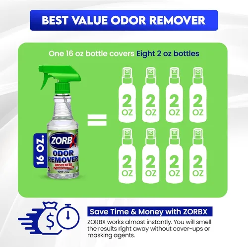 Vista 7 de ZORBX Spray eliminador de olores sin perfume de 16 onzas, fórmula de grado