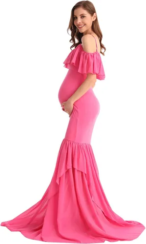 Vista 10 de MYRISAM Vestido de maternidad con volantes y hombros descubiertos para mujer, vestido de fiesta de sirena de gasa, vestido ajustado