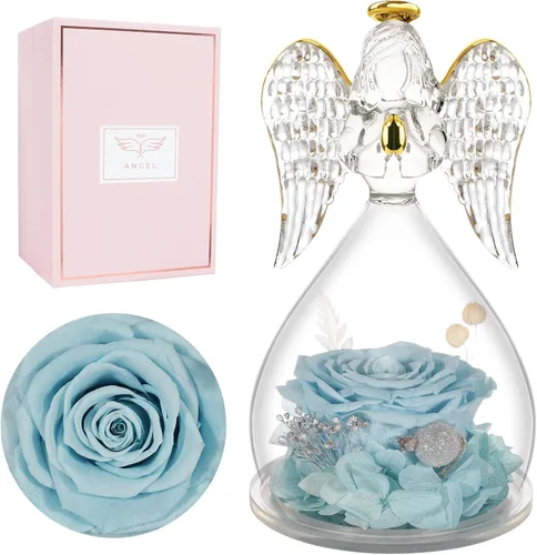 Vista 25 de Miofula Regalos para mamá, regalos de cumpleaños para mujeres, flores preservadas en figuras de ángel de cristal, flores frescas para entrega, Rosa