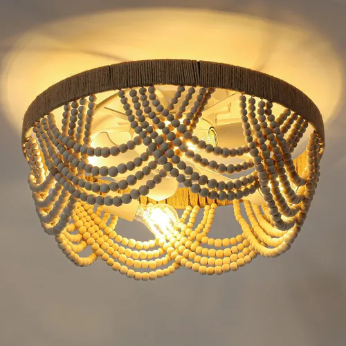 Vista 8 de Ventiladores de techo con luces de montaje empotrado, de 20 pulgadas, con lámpara de madera estilo Bohemia con cuentas, control remoto y aplicación