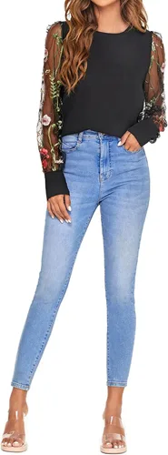 Vista 7 de Romwe Blusa casual holgada con mangas de obispo bordadas y bordadas para mujer