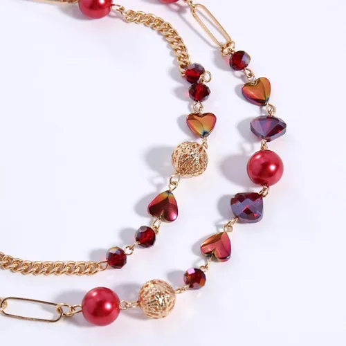 Vista 5 de Bocar Collar de cuentas, collar de cadena de eslabones largos de 2 capas, cuentas de cristal para mujer, gargantilla, regalo de joyería