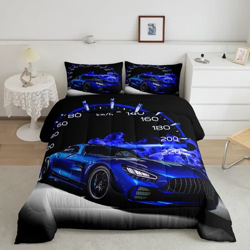 Vista 12 de Feelyou Juego de edredón azul de carreras para niños, juego de ropa de cama de coche deportivo para niños y niños, edredón deportivo geométrico a
