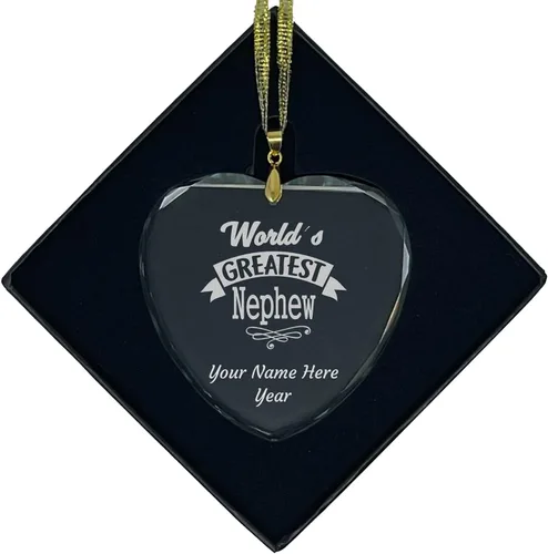 Vista 6 de LaserGram Adorno de Navidad de vidrio personalizado, sobrino más grande del mundo, idea de regalo grabada con láser personalizada (forma de diamante)