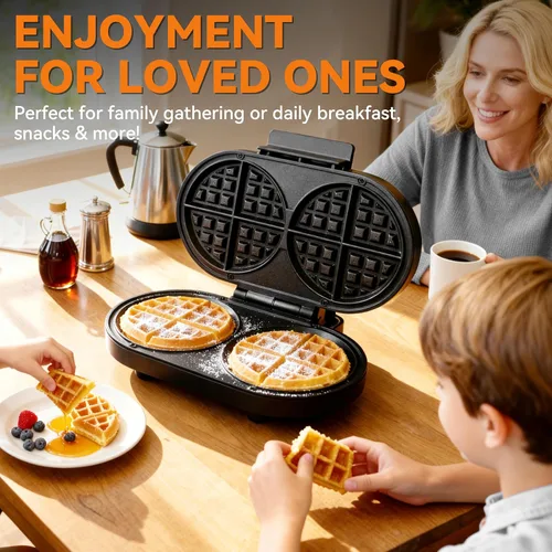 Vista 3 de Baker's Friend waflera belga doble gruesa, 2 x 6 pulgadas, waflera eléctrica con platos antiadherentes, 1200 W, perfecta para niños y desayuno