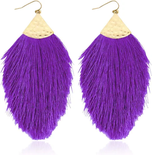Vista 12 de Aretes bohemios de hilo sedoso con flecos y borlas – Ligeros, colgantes, con hebras y forma de pluma Fleco de plumas - Azul Aqua