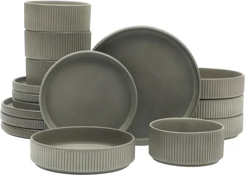 Vista 15 de Gibson Elite Peach Orchard - Juego de vajilla de porcelana de hueso de 12 piezas para 4, platos y cuencos estriados en relieve, apto