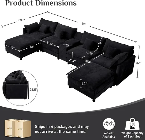 Vista 2 de Sofá modular de gran tamaño de 145 pulgadas, sofá de nube en forma de U, moderno juego de sofá de 6 asientos para sala de estar, cómodo asiento