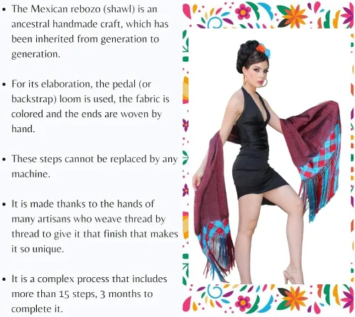 Vista 3 de Chal mexicano Benjko, rebozo reboso para eventos mexicanos, Multicolor