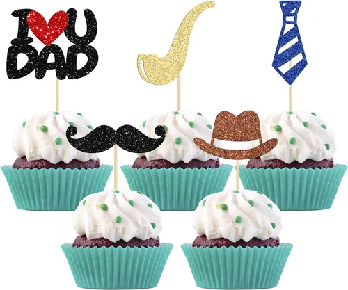Vista 12 de Gyufise 24 adornos para cupcakes con purpurina para el Día del Padre, diseño de bigote con purpurina, para papá, mejor papá, herramienta