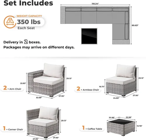 Vista 7 de ovios Juego de muebles de patio de 6 piezas, sofá seccional de mimbre para exteriores con mesa auxiliar, cómodos cojines, moderno sofá modular Beige