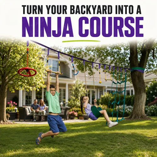 Vista 2 de Carrera de obstáculos Ninja Warrior para niños al aire libre - 2 x 55 pies Púrpura