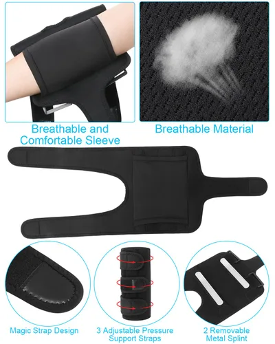 Vista 2 de Codera con 2 férula de metal extraíbles para dormir, soporte de túnel cubital ajustable con manga de compresión para codo de tenis, soporte