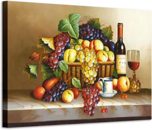 Vista 8 de ARTISTIC PATH Arte de Pared en Lienzo de Comida Retro - Cuadro Vintage de Frutas Burdeos Colorido Melocotón Uva Pintura Antigua Impresiones de Arte