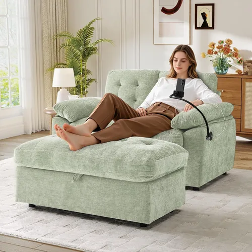 Vista 20 de Chaise Lounge Chair para interiores con puerto USB y soporte para teléfono, sillón reclinable pequeño de felpilla con otomana de almacenamiento
