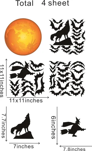 Vista 7 de Calcomanías de pared de luna de Halloween, calcomanías de murciélago de bruja, calcomanías de pared de lobo removibles para despegar y pegar