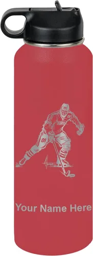 Vista 10 de LaserGram Botella de agua personalizada, jugador de hockey, acero inoxidable de doble pared aislada al vacío con popote superior, regalo grabado