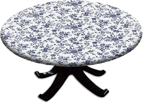 Vista 105 de Mantel redondo ajustable con borde elástico floral azul, mantel con borde elástico de estilo floral pastoral, almohadilla de mesa de poliéster