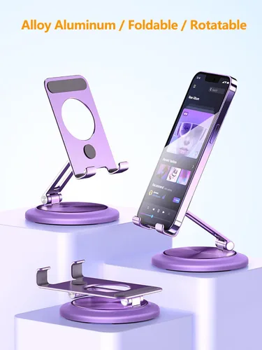 Vista 2 de Aluminum Dual Folding Cell Phone Stand, 360° Rotation Fully Adjustable Foldable Tablet Stand, Compatible with iPhone 13, 14 Pro Max, SE, XR, Samsung