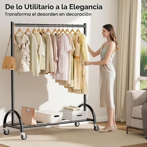 Vista 4 de MISSLO Perchero resistente con ruedas para ropa, estantes enrollables para colgar ropa, abrigos, prendas, vestidos, color negro