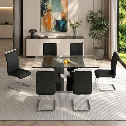 Vista 7 de Ebullient Juego de mesa de comedor de cristal de 63 pulgadas para 6, mesa de comedor de vidrio negro y base de MDF, mesa de cocina rectangular Mesa
