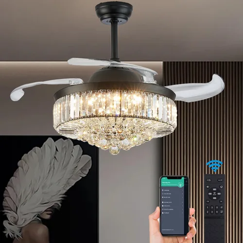 Vista 17 de DuMaiWay Ventilador de techo de 30 pulgadas con lámpara de cristal de luz, ventilador de techo reversible moderno, regulable, temporizador Negro