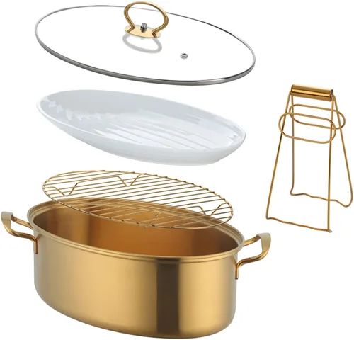 Vista 10 de Vaporizador de pescado de acero inoxidable, olla ovalada multiusos con estante, sartén de cerámica, portabrocas para cocinar pescado al vapor, sopa