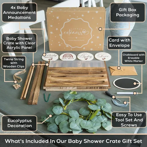 Vista 2 de Armario de madera para baby shower con parte delantera de acrílico transparente, caja de madera personalizable con sistema de doble varilla, cestas