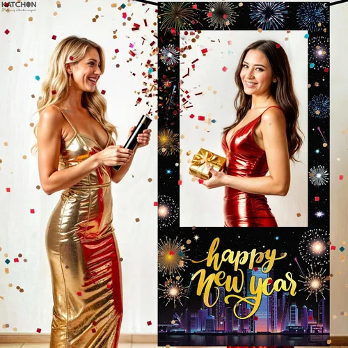 Vista 4 de KatchOn, Marco de cabina de fotos de Año Nuevo, grande, 74 x 36 pulgadas, marco de cabina de fotos de feliz año nuevo, suministros de fiesta de Año