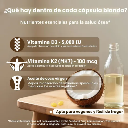 Vista 5 de VEV Corefeel Vitamina D3 K2, 5000 UI D3 100mcg K2 (MK 7), 300 cápsulas blandas, suplemento de vitamina D y K 2 en 1 con aceite de coco, apoya