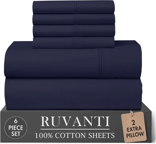 Vista 57 de RUVANTI Juego de sábanas de 4 piezas de algodón 100% natural de percal suave, ligero y transpirable, con bolsillos profundos de 16 pulgadas