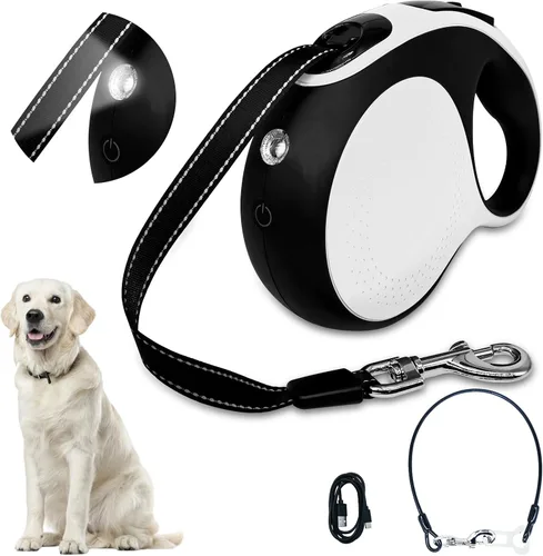 Vista 10 de Correa retráctil para perro con cable a prueba de mordeduras y linterna LED, correa resistente de 16 pies, adecuada para perros pequeños/medianos