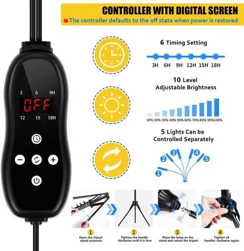 Vista 4 de Luces de cultivo para plantas de interior, luz LED de espectro completo Aukphie con soporte, temporizador de encendido/apagado automático