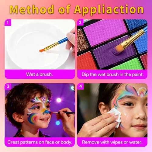 Vista 5 de Kit de pintura facial para niños, no tóxico, paleta fácil de activar con agua con plantillas, pinceles y gemas con brillantina. Perfecto