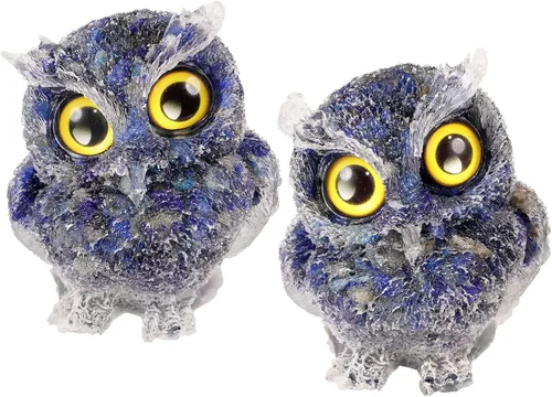 Vista 19 de TUMBEELLUWA Juego de 2 mini adornos de figura de búho de cristal de amatista, estatuas decorativas de búho de resina para mesa de oficina en casa